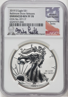 2019-S S$1 Silver Eagle Enhanced Reverse Proof Mike Castle Signature NGC PF70 2019-S S$1 Silver Eagle Enhanced Reverse Proof Mike Castle Signature NGC PF70