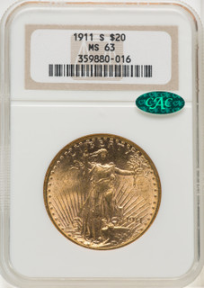 1911-S $20 CAC Saint-Gaudens Double Eagle NGC MS63