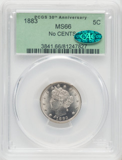 1883 5C NO CENTS CAC Liberty Nickel PCGS MS66