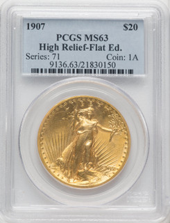 1907 $20 Flat Rim High Relief Double Eagle PCGS MS63