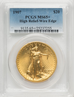 1907 $20 Wire Rim High Relief Double Eagle PCGS MS65+