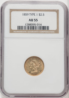1859 $2.50 Old Rev. Liberty Quarter Eagle NGC AU55