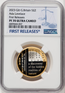 Charles III gilt-silver Proof “Ada Lovelace” 2 Pounds 2023 PR70 Ultra Cameo NGC World Coins NGC MS70