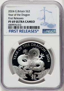 Charles III silver Proof “Year of the Dragon” 2 Pounds (1 oz) 2024 PR69 Ultra Cameo NGC World Coins NGC MS69