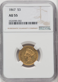 1867 $3 Three Dollar Gold Pieces NGC AU55