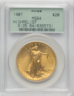 1907 $20 Wire Rim High Relief Double Eagle PCGS MS64