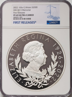 Charles III silver Proof “Queen Elizabeth II Memorial” 500 Pounds (1 Kilo) 2022 PR69 Ultra Cameo NGC World Coins NGC MS69