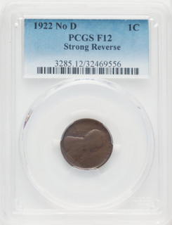 1922 No D Strong Reverse BN Lincoln Cent PCGS F12