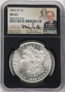 1892-CC $1 Mike Castle Blk Core Franklin Series Morgan Dollar NGC MS65 1892-CC $1 Mike Castle Blk Core Franklin Series Morgan Dollar NGC MS65