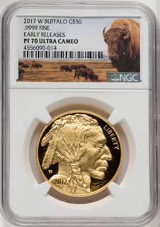 2017-W $50 One Ounce Gold Buffalo 225th Anniversary First Day of Issue Moy Philadelphia NGC PF70
