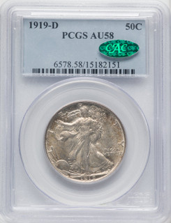 1919-D 50C CAC Walking Liberty Half Dollar PCGS AU58