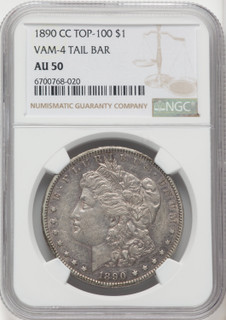 1890-CC $1 VAM-4 Tailbar Morgan Dollar NGC AU50