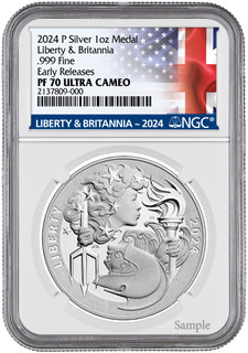 2024-P Silver 1 oz Medal Britannia & Liberty .999 Coin FR Flag NGC PF70 Ultra Cameo