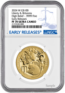 2024 W G$100 Britannia & Liberty High Relief Gold Coin ER NGC PF70 Ultra Cameo