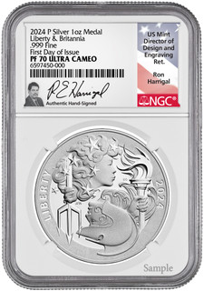 2024-P Silver 1 oz Medal Britannia & Liberty .999 Coin FDI NGC PF70 Ron Harrigal Signed