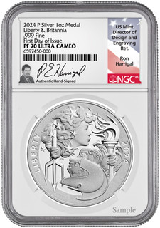 2024-P Silver 1 oz Medal Liberty & Britannia FDI NGC PF70 Ron Harrigal Signed