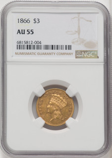 1866 $3 Three Dollar Gold Pieces NGC AU55