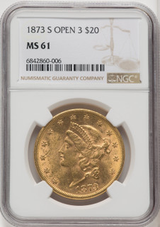 1873-S $20 OPEN 3 Liberty Double Eagle NGC MS61