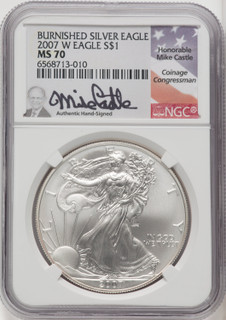 2007-W S$1 Silver Eagle Burnished Mike Castle NGC MS70