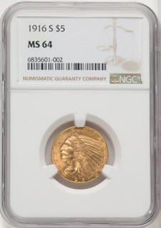 1916-S $5 Indian Half Eagle NGC MS64