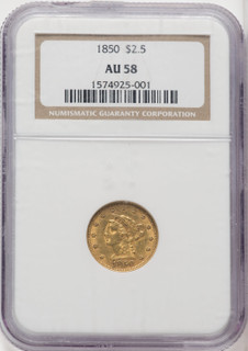 1850 $2.50 Liberty Quarter Eagle NGC AU58