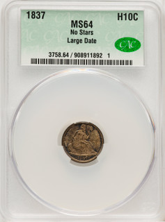 1837 No Stars Large Date Seated Dime CACG MS64