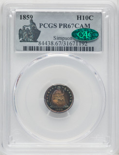 1859 H10C CA CAC Proof Seated Half Dime PCGS PR67