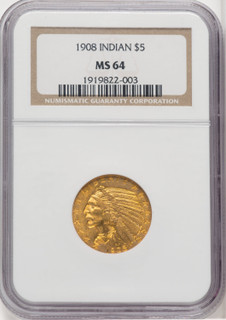 1908 $5 Indian Indian Half Eagle NGC MS64