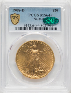 1908-D $20 NO MOTTO CAC Saint-Gaudens Double Eagle PCGS MS64+ 1908-D $20 NO MOTTO CAC Saint-Gaudens Double Eagle PCGS MS64+