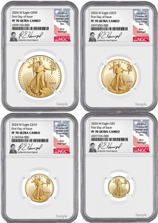 2024 W Gold Eagle 4-Coin Set FDI NGC PF70 Ultra Cameo Ron Harrigal Signed