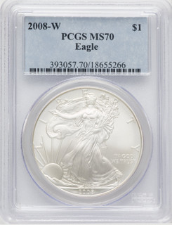 2008-W S$1 Silver Eagle Burnished Blue Gradient PCGS SP70