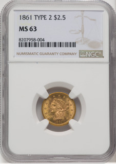 1861 $2.50 New Reverse Type 2 Liberty Quarter Eagle NGC MS63