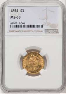1854 $3 Three Dollar Gold Pieces NGC MS63