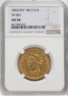 1865-S $10 865 Over Inverted 186 Liberty Eagle NGC AU58