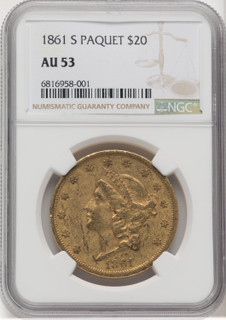 1861-S $20 PAQUET Liberty Double Eagle NGC AU53