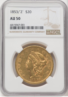 1853/2 $20 Liberty Double Eagle NGC AU50