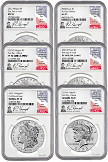 2023 Morgan and Peace Silver Dollar 6-Coin Set FDI NGC MS70/PF70/RP70 Harrigal Signed