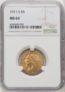 1911-S $5 Indian Half Eagle NGC MS63