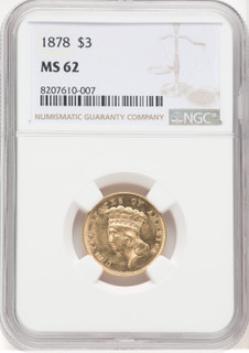 1878 $3 Three Dollar Gold Pieces NGC MS62 (766652002)