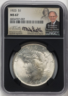 1923 $1 Mike Castle Blk Core Franklin Series Peace Dollar NGC MS67 (765292005)