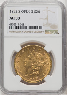 1873-S $20 OPEN 3 Liberty Double Eagle NGC AU58 (174003037)