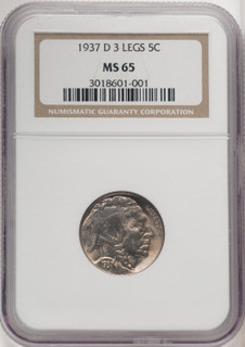 1937-D 5C Three-Legged FS-901 Buffalo Nickel NGC MS65 (767552001)