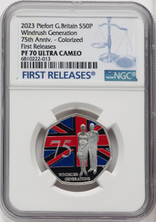 Charles III silver Colorized Proof Piefort “Windrush Generation – 75th Anniversary” 50 Pence 2023 PR70 Ultra Cameo NGC World Coins NGC MS70 (518239038)