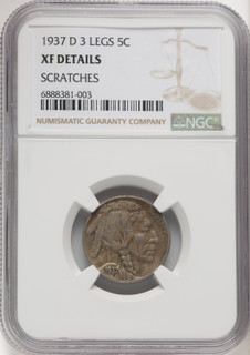 1937-D 5C Three-Legged Buffalo Nickel Details NGC XF40