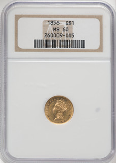 1856 G$1 Slanted 5 Gold Dollar NGC MS60