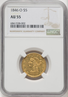 1846-O $5 Liberty Half Eagle NGC AU55