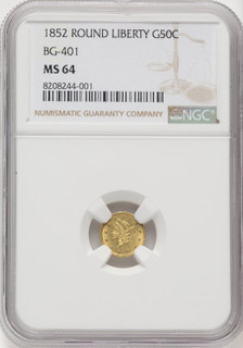 1852 Liberty Round 50 Cents BG-401 R.3 California Fractional Gold NGC MS64