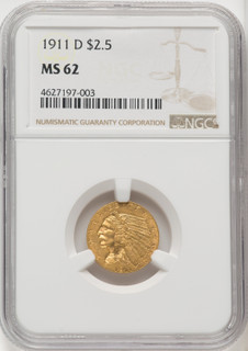1911-D $2.50 Indian Quarter Eagle NGC MS62 (771477001) 1911-D $2.50 Indian Quarter Eagle NGC MS62 (771477001)