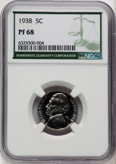 1938 5C Green Label Proof Jefferson Nickel NGC PR68