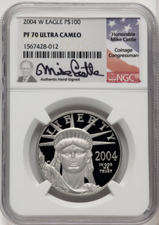 2004-W P$100 One-Ounce American Platinum Eagle Statue of Liberty Mike Castle NGC PF70